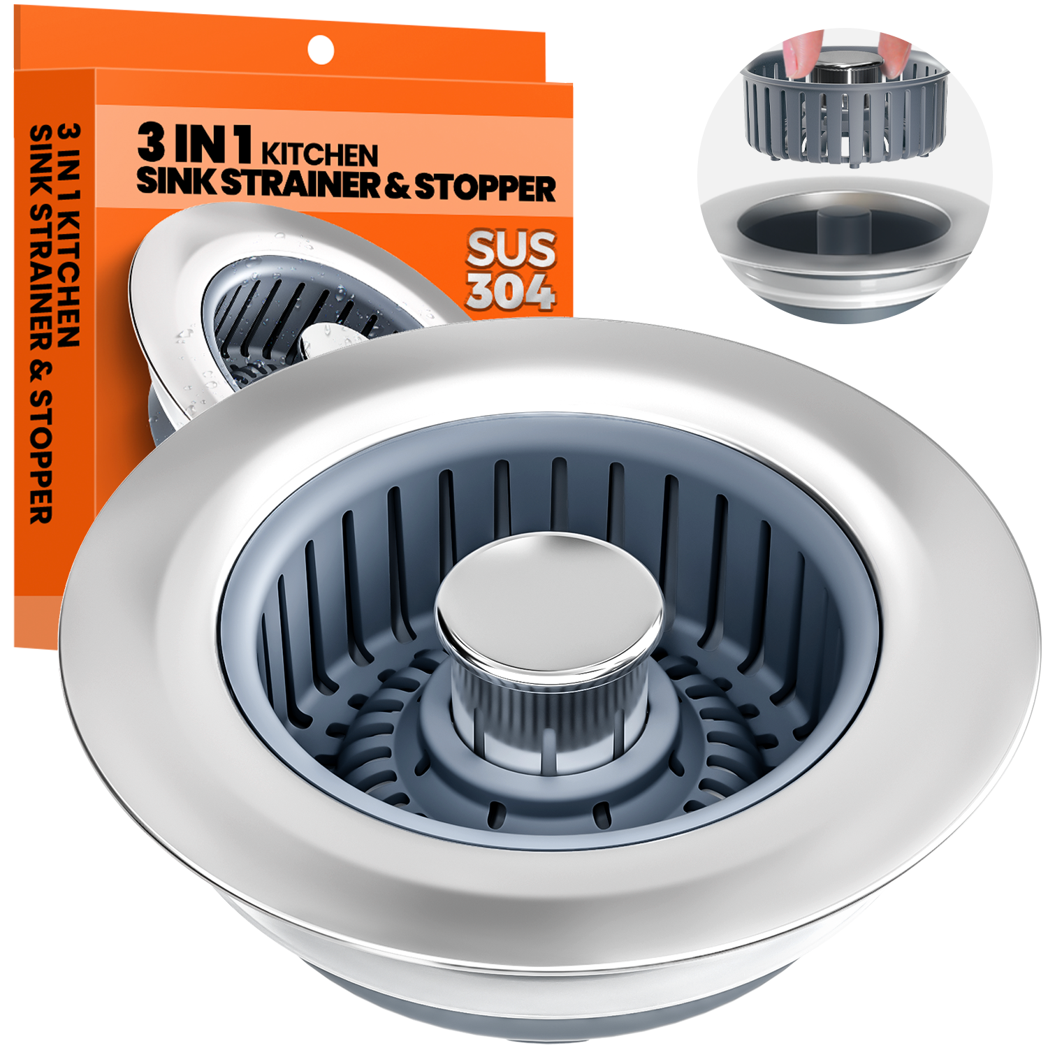 Kitchen Sink Drain Strainer - Upgraded Kitchen Sink Stopper,Sink Stopper Kitchen Drain,Stainless Steel Drain Plug with Anti-Clog Basket Drain Stopper Combo,for Standard 3-1/2'' Drain,Grey