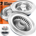 Kitchen Sink Drain Strainer & Sink Stopper, Upgraded 3 in 1 Stainless Steel Drain Plug Combo with Anti-Clog Basket, Pop Up Drain Cover for Standard 3-1/2'', Fits Double Bowl Kitchen Sinks