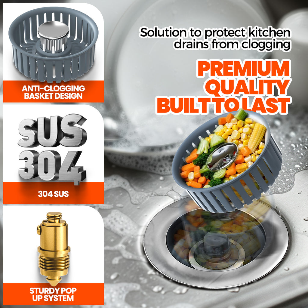 2 Pack Sink Drain Strainer - Sink Stopper, 3 in 1 Stainless Steel Kitchen Drain Plug with Deep Anti-Clog Basket and Odor-Blocking Seal, Pop-Up Design Fits Standard 3-1/2 Inch Sink