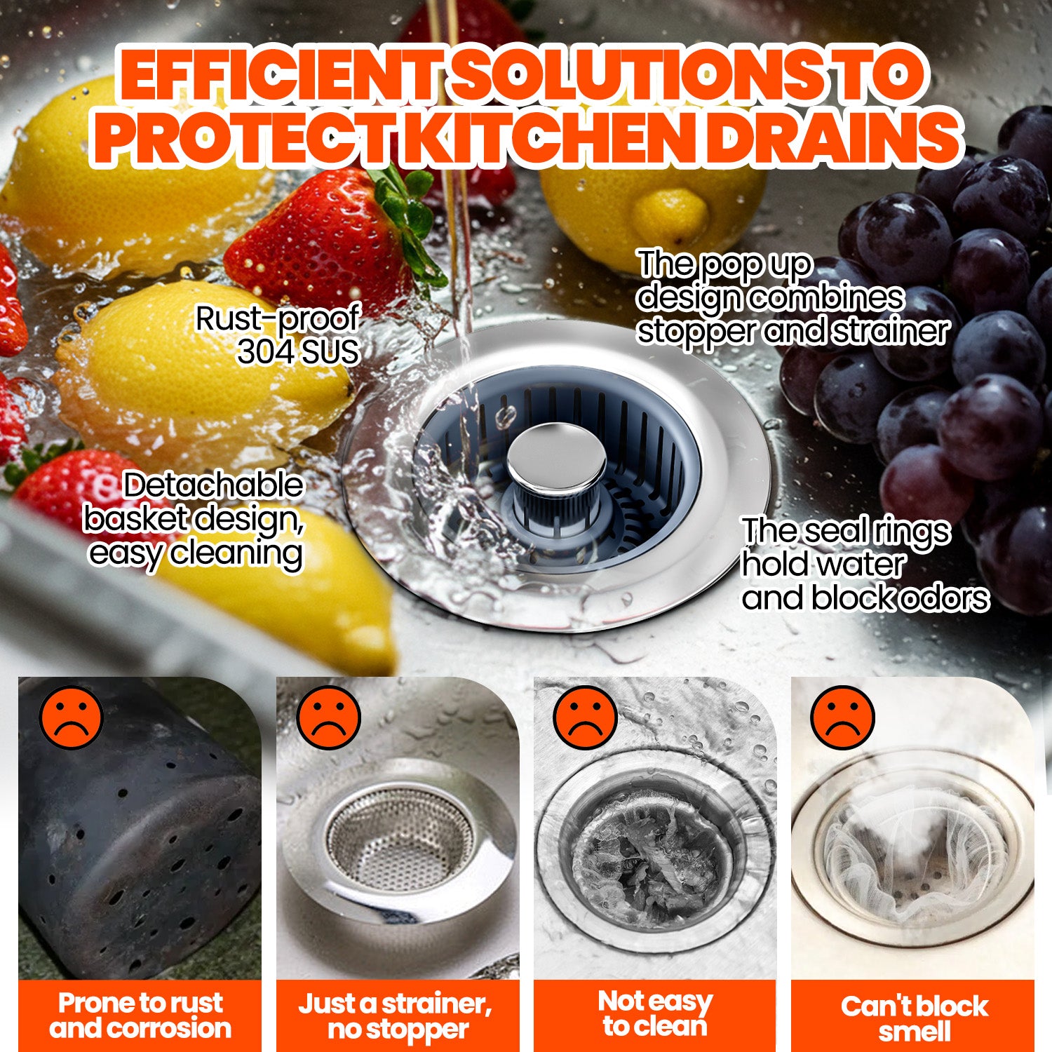 2 Pack Sink Drain Strainer - Sink Stopper, 3 in 1 Stainless Steel Kitchen Drain Plug with Deep Anti-Clog Basket and Odor-Blocking Seal, Pop-Up Design Fits Standard 3-1/2 Inch Sink