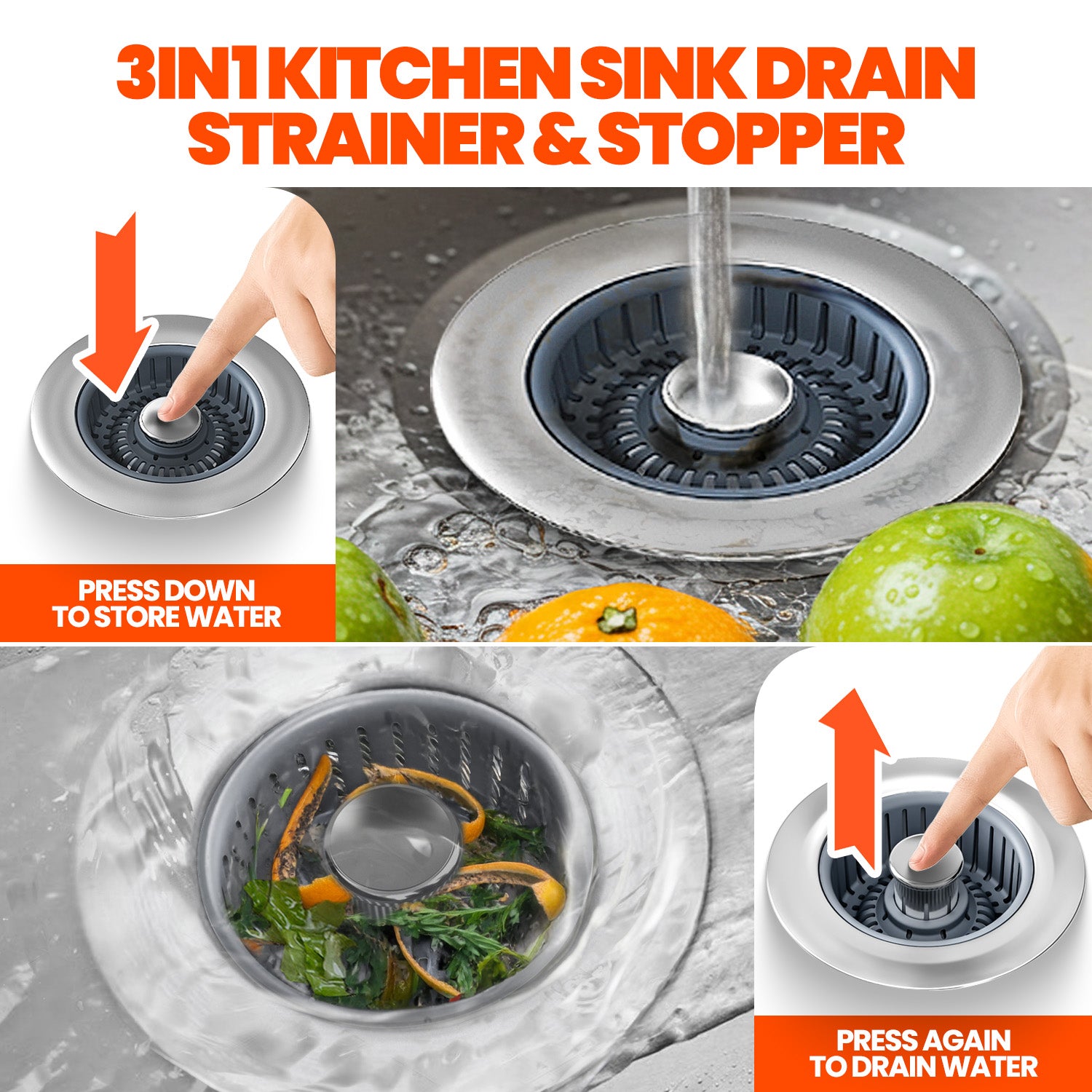 2 Pack Sink Drain Strainer - Sink Stopper, 3 in 1 Stainless Steel Kitchen Drain Plug with Deep Anti-Clog Basket and Odor-Blocking Seal, Pop-Up Design Fits Standard 3-1/2 Inch Sink