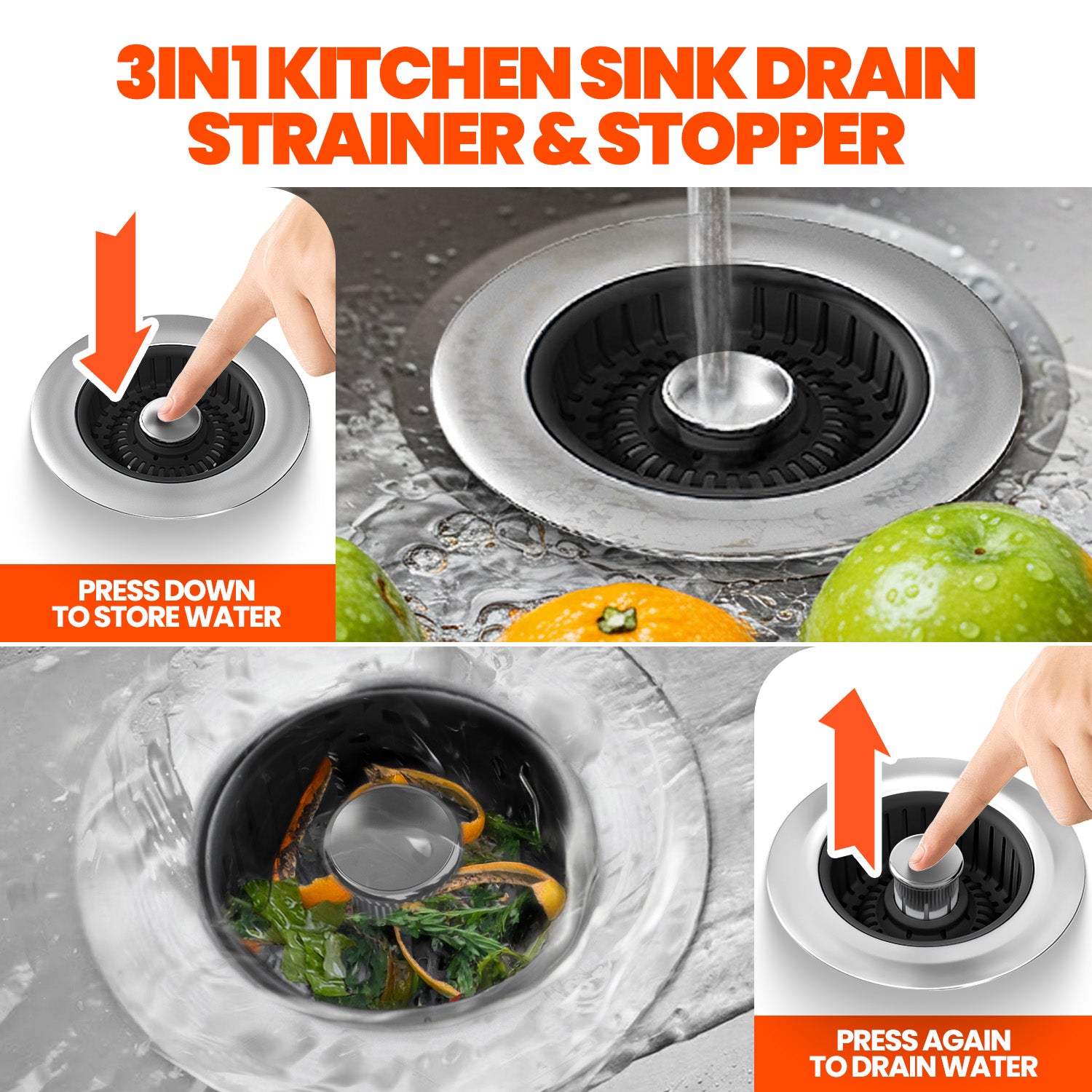 Kitchen Sink Drain Strainer & Sink Stopper, Upgraded Stainless Steel Drain Plug Combo with Anti-Clog Basket, Pop Up Drain Cover for Standard 3-1/2'',Garbage Disposal Parts