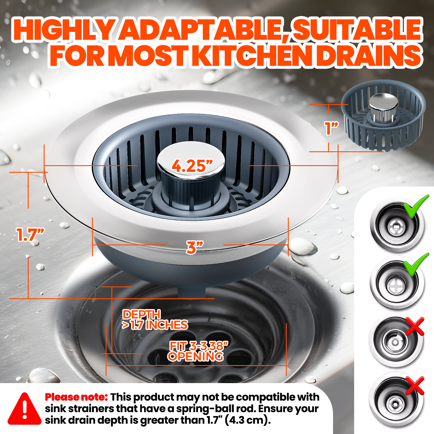 2 Pack Sink Drain Strainer - Sink Stopper, 3 in 1 Stainless Steel Kitchen Drain Plug with Deep Anti-Clog Basket and Odor-Blocking Seal, Pop-Up Design Fits Standard 3-1/2 Inch Sink