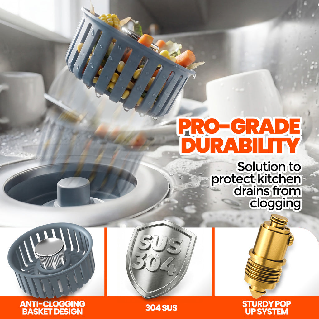 Kitchen Sink Drain Strainer & Sink Stopper, Upgraded 3 in 1 Stainless Steel Drain Plug Combo with Anti-Clog Basket, Pop Up Drain Cover for Standard 3-1/2'', Fits Double Bowl Kitchen Sinks