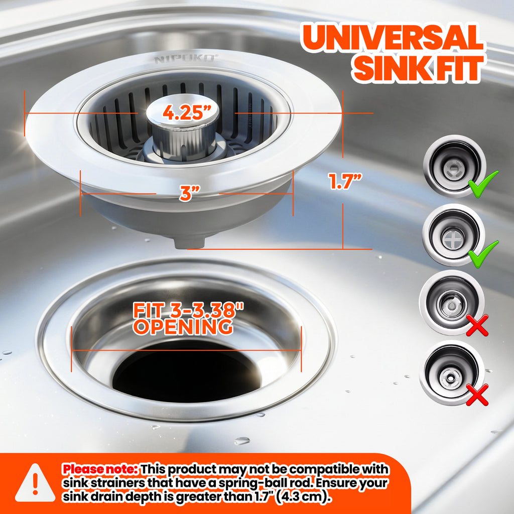 Kitchen Sink Drain Strainer & Sink Stopper, Upgraded 3 in 1 Stainless Steel Drain Plug Combo with Anti-Clog Basket, Pop Up Drain Cover for Standard 3-1/2'', Fits Double Bowl Kitchen Sinks