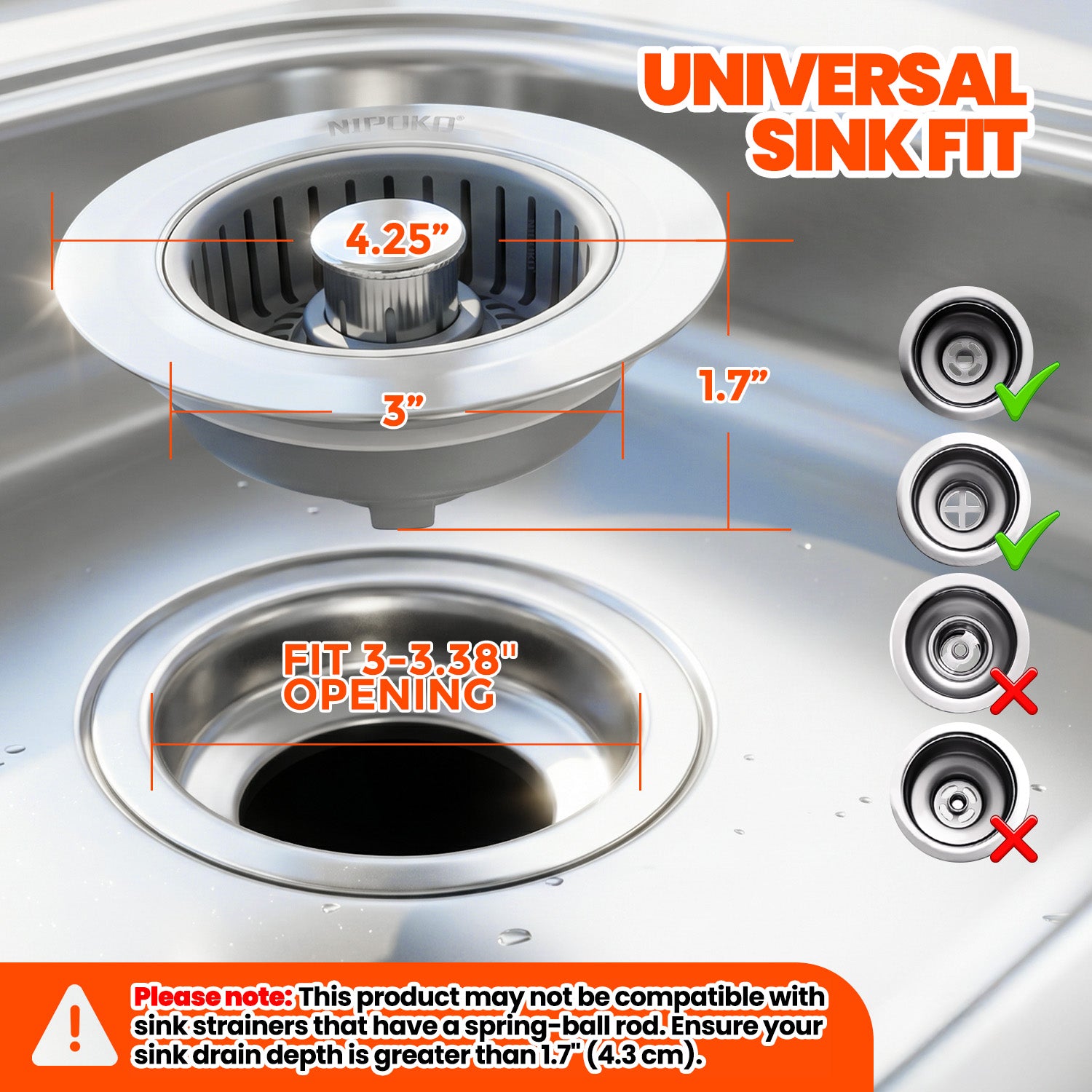Kitchen Sink Drain Strainer & Sink Stopper, Upgraded 3 in 1 Stainless Steel Drain Plug Combo with Anti-Clog Basket, Pop Up Drain Cover for Standard 3-1/2'', Fits Double Bowl Kitchen Sinks