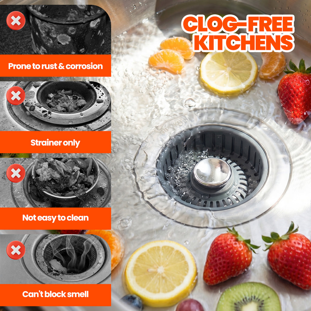 Kitchen Sink Drain Strainer & Sink Stopper, Upgraded 3 in 1 Stainless Steel Drain Plug Combo with Anti-Clog Basket, Pop Up Drain Cover for Standard 3-1/2'', Fits Double Bowl Kitchen Sinks